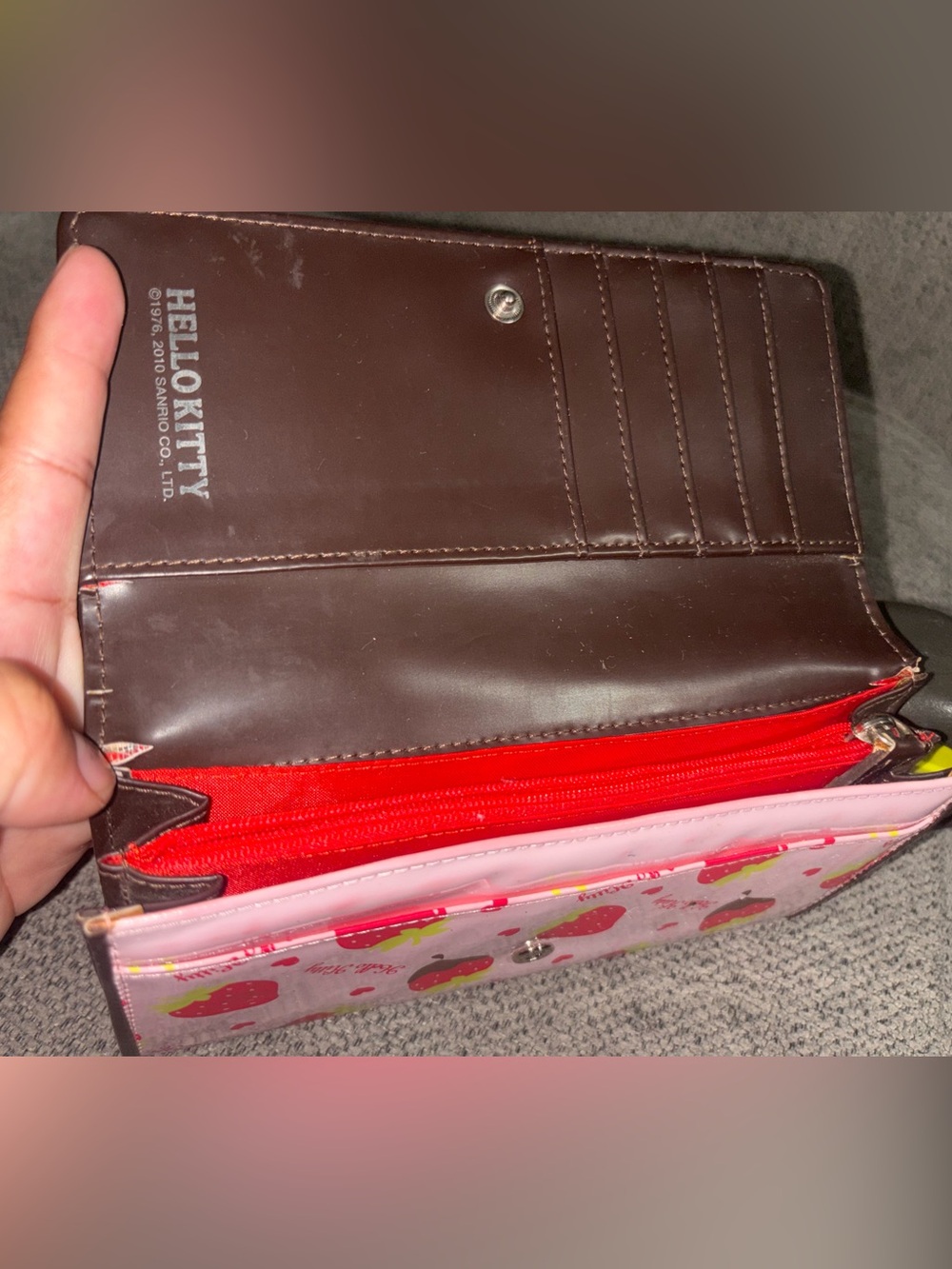Hello kitty pink long wallet with strawberries printed all over it. 🍓🐱 - Picture 7 of 11